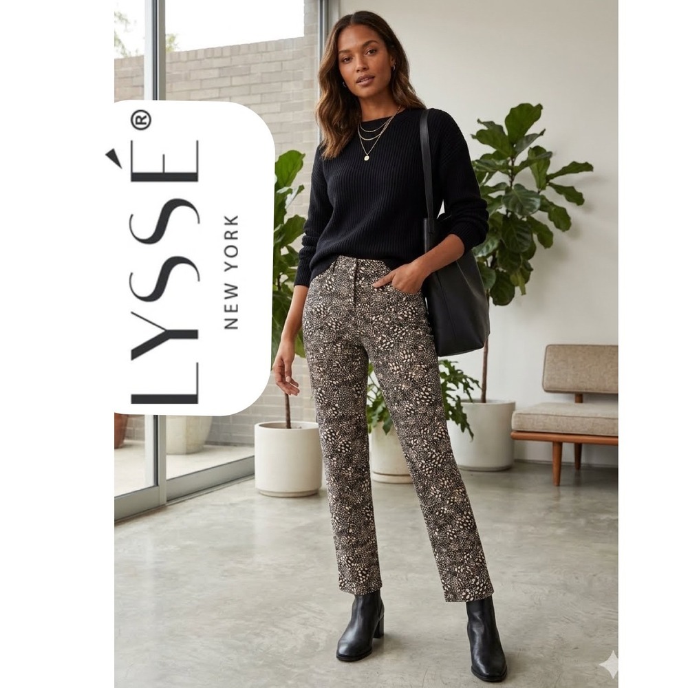 Lysse New York Animal Print Straight Leg High Waist Stretch Pants Brown Black M